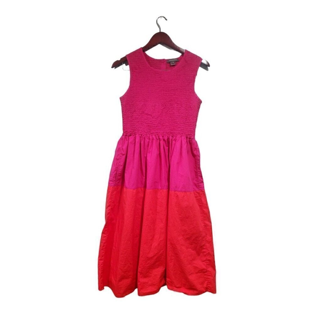French Connection Rhodes Smocked Colorblock Poplin Dress Pink Red Sz 10 READ